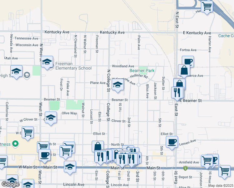 map of restaurants, bars, coffee shops, grocery stores, and more near 525 Beamer Street in Woodland
