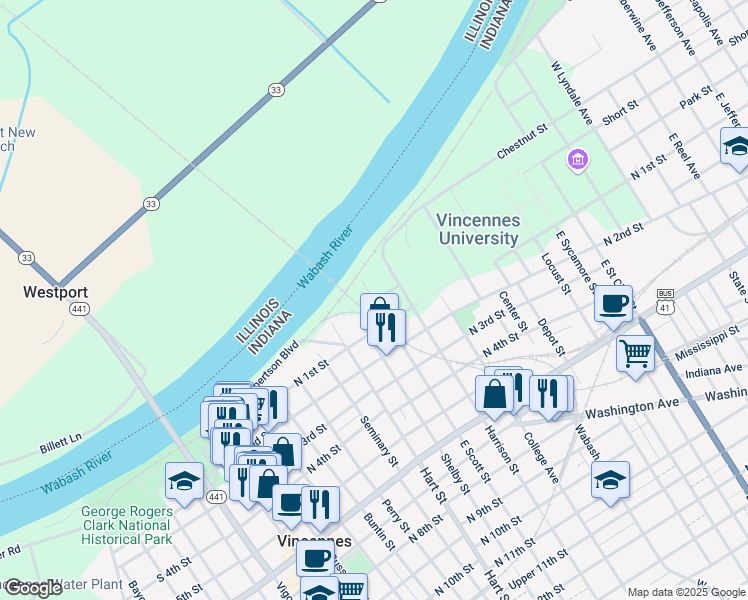 map of restaurants, bars, coffee shops, grocery stores, and more near 1910 College Avenue in Vincennes