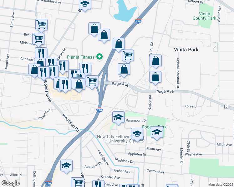 map of restaurants, bars, coffee shops, grocery stores, and more near 8800 Page Avenue in St. Louis