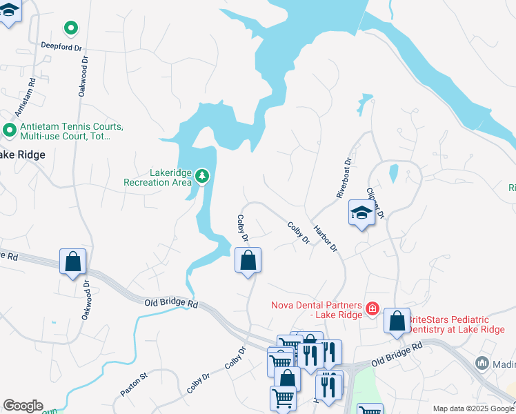 map of restaurants, bars, coffee shops, grocery stores, and more near 12327 Colby Drive in Woodbridge