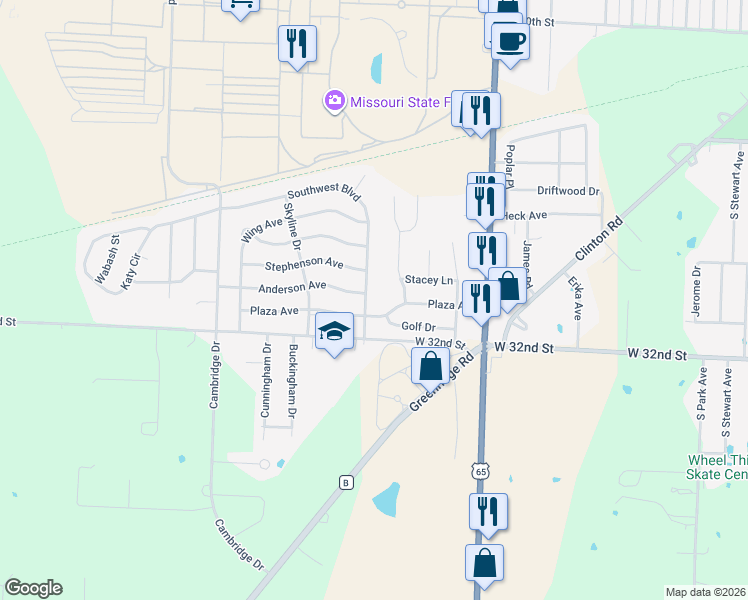 map of restaurants, bars, coffee shops, grocery stores, and more near 3002 Southwest Boulevard in Sedalia