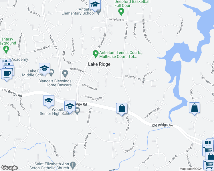 map of restaurants, bars, coffee shops, grocery stores, and more near 12339 Woodlawn Court in Woodbridge