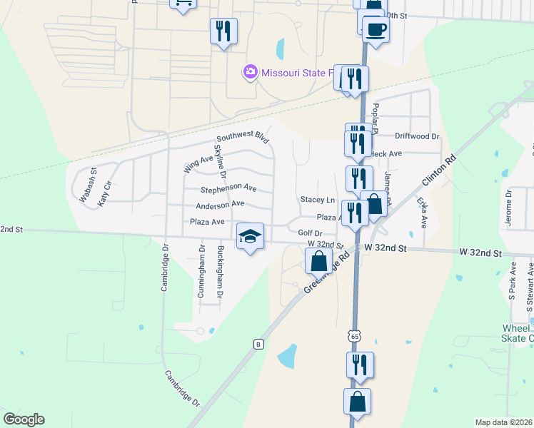 map of restaurants, bars, coffee shops, grocery stores, and more near 3002 Southwest Boulevard in Sedalia