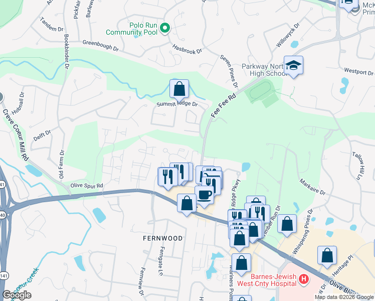 map of restaurants, bars, coffee shops, grocery stores, and more near 12917 Portulaca Drive in St. Louis
