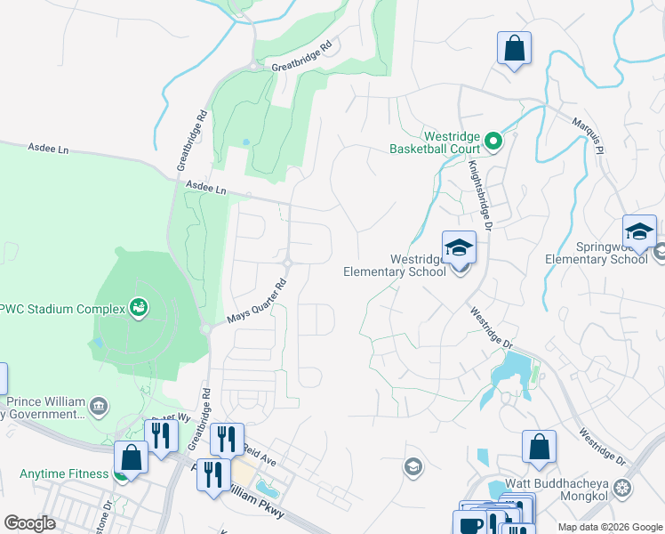 map of restaurants, bars, coffee shops, grocery stores, and more near 4467 Weejun Loop in Woodbridge