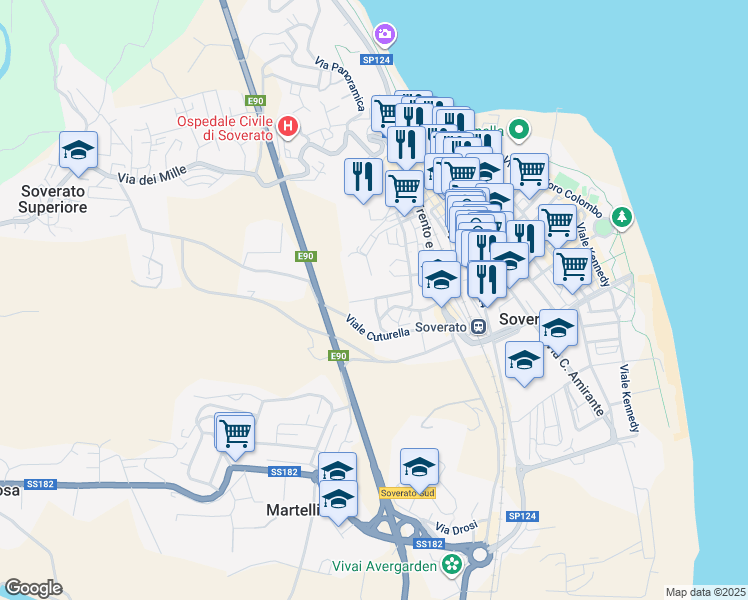 map of restaurants, bars, coffee shops, grocery stores, and more near 17 Via delle Rose in Soverato Marina