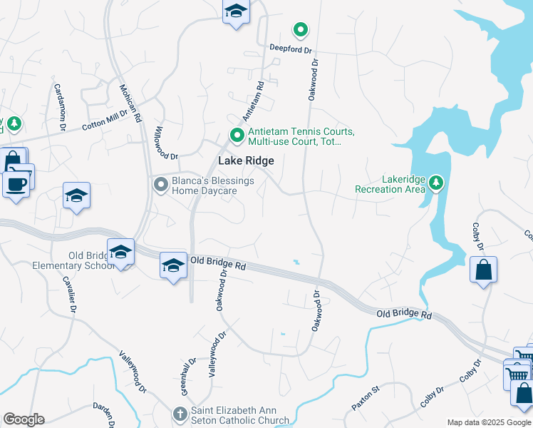 map of restaurants, bars, coffee shops, grocery stores, and more near 12339 Woodlawn Court in Woodbridge