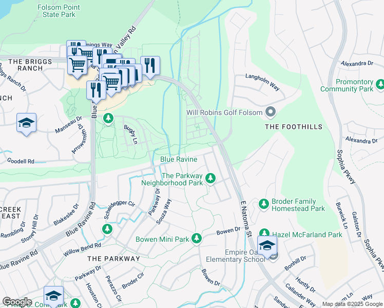 map of restaurants, bars, coffee shops, grocery stores, and more near 1661 Bayer Court in Folsom