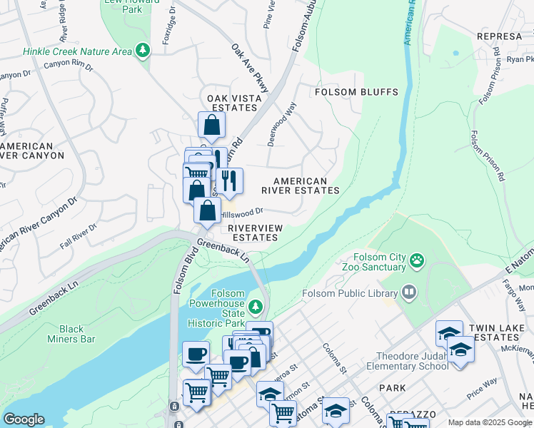 map of restaurants, bars, coffee shops, grocery stores, and more near 117 Hillswood Drive in Folsom