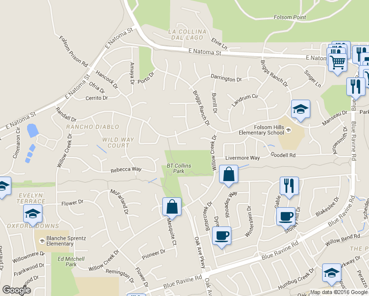 map of restaurants, bars, coffee shops, grocery stores, and more near 112 Mainsail Court in Folsom