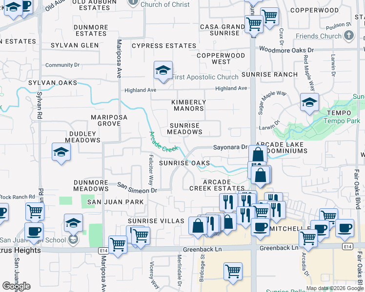 map of restaurants, bars, coffee shops, grocery stores, and more near 7760 Lialana Way in Citrus Heights