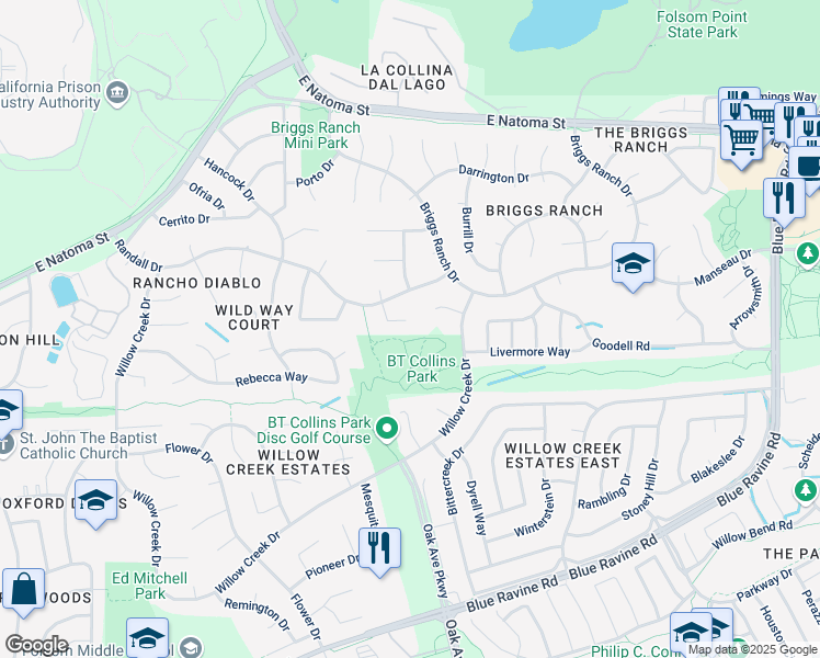 map of restaurants, bars, coffee shops, grocery stores, and more near 112 Mainsail Court in Folsom