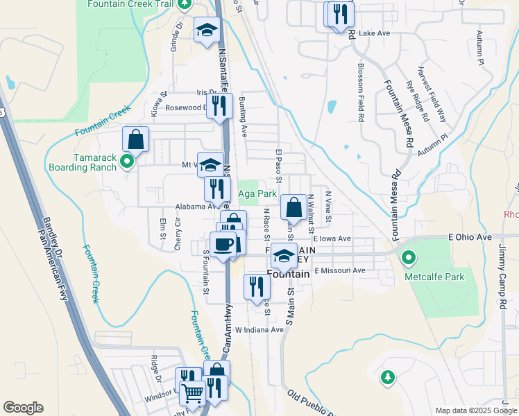 map of restaurants, bars, coffee shops, grocery stores, and more near 221 North Race Street in Fountain