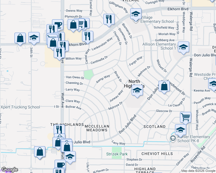 map of restaurants, bars, coffee shops, grocery stores, and more near 6500 Milam Way in North Highlands