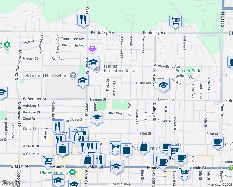 map of restaurants, bars, coffee shops, grocery stores, and more near 109 Beamer Street in Woodland
