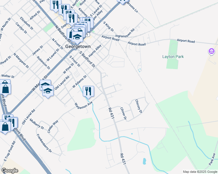map of restaurants, bars, coffee shops, grocery stores, and more near 2 West Way in Georgetown