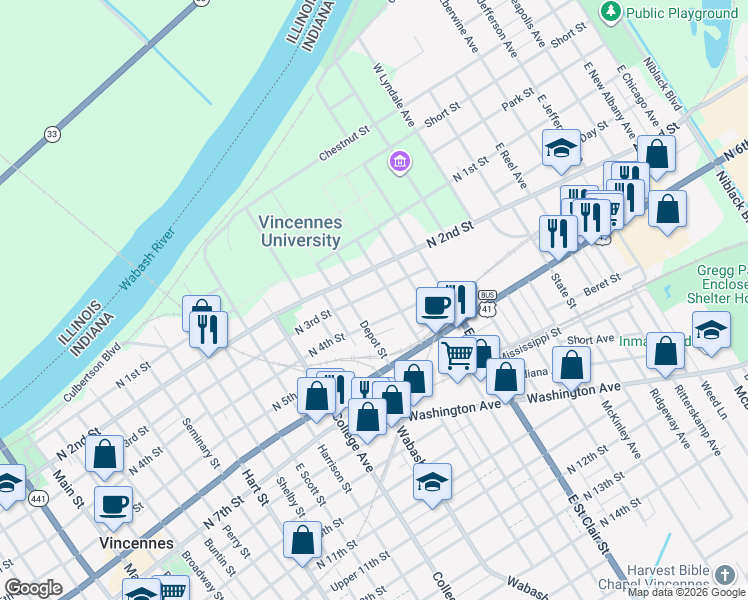map of restaurants, bars, coffee shops, grocery stores, and more near 302 Depot Street in Vincennes