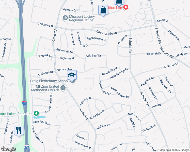 map of restaurants, bars, coffee shops, grocery stores, and more near 1480 Chandellay Drive in St. Louis