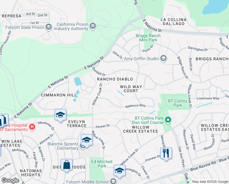 map of restaurants, bars, coffee shops, grocery stores, and more near 107 Boxler Court in Folsom