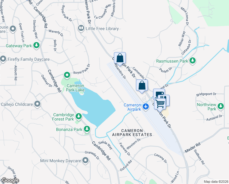 map of restaurants, bars, coffee shops, grocery stores, and more near 3044 Boeing Road in Cameron Park