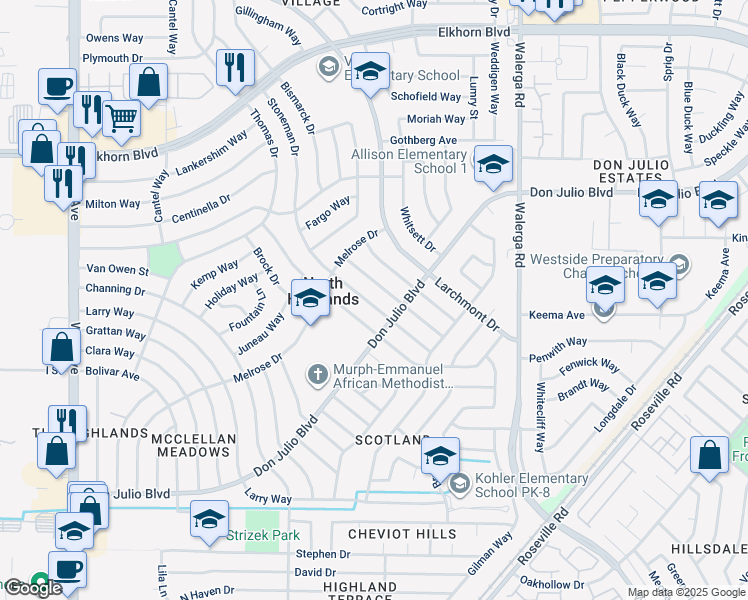 map of restaurants, bars, coffee shops, grocery stores, and more near 6504 Stoneman Drive in North Highlands