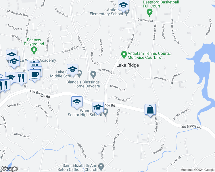 map of restaurants, bars, coffee shops, grocery stores, and more near 2941 Seminole Road in Woodbridge