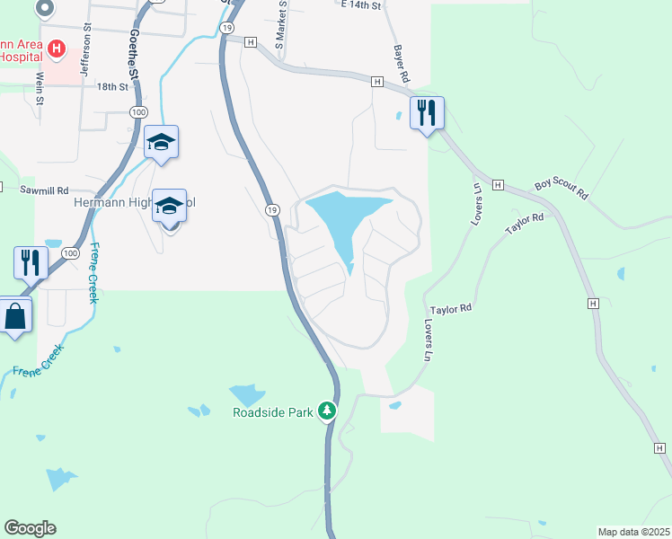 map of restaurants, bars, coffee shops, grocery stores, and more near 100 Park Avenue in Hermann