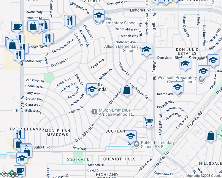 map of restaurants, bars, coffee shops, grocery stores, and more near 6504 Stoneman Drive in North Highlands