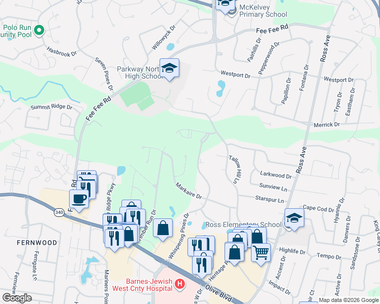 map of restaurants, bars, coffee shops, grocery stores, and more near 1340 Palm Ridge Court in St. Louis