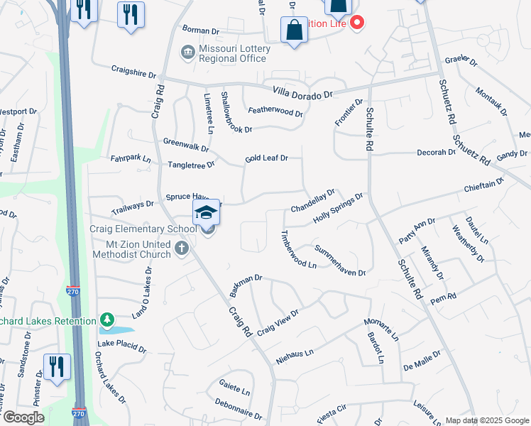 map of restaurants, bars, coffee shops, grocery stores, and more near 1480 Chandellay Drive in Saint Louis