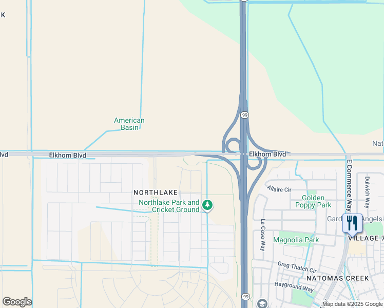 map of restaurants, bars, coffee shops, grocery stores, and more near 3625 West Elkhorn Boulevard in Sacramento