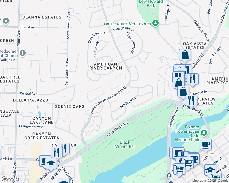 map of restaurants, bars, coffee shops, grocery stores, and more near 131 Perry Court in Folsom