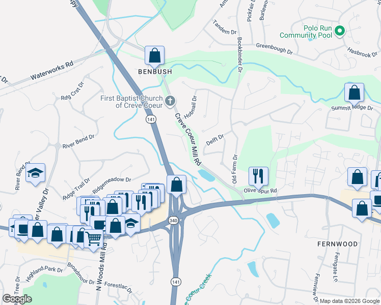 map of restaurants, bars, coffee shops, grocery stores, and more near 13430 Terra Vista Drive in St. Louis