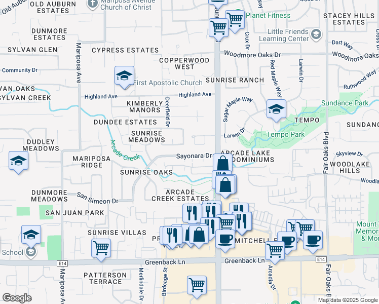 map of restaurants, bars, coffee shops, grocery stores, and more near 6548 Ming Way in Citrus Heights