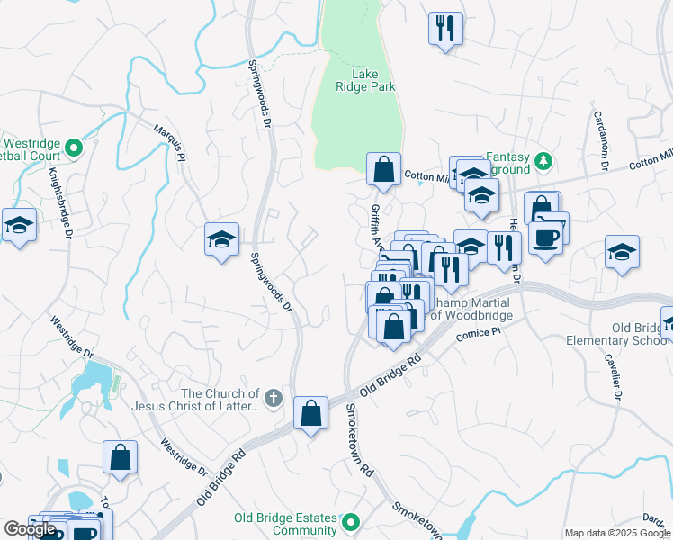 map of restaurants, bars, coffee shops, grocery stores, and more near 12469 Everest Peak Lane in Woodbridge