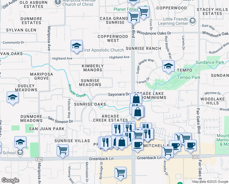 map of restaurants, bars, coffee shops, grocery stores, and more near 7837 Sayonara Drive in Citrus Heights