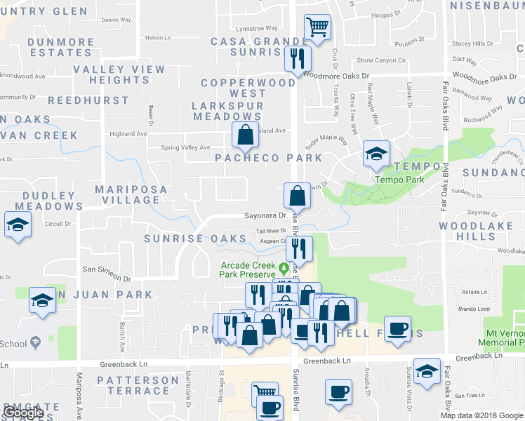 map of restaurants, bars, coffee shops, grocery stores, and more near 7849 Sayonara Drive in Citrus Heights