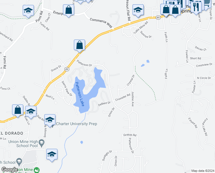 map of restaurants, bars, coffee shops, grocery stores, and more near 4380 Patterson Drive in Diamond Springs