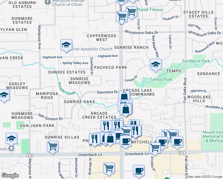 map of restaurants, bars, coffee shops, grocery stores, and more near 7857 Sayonara Drive in Citrus Heights