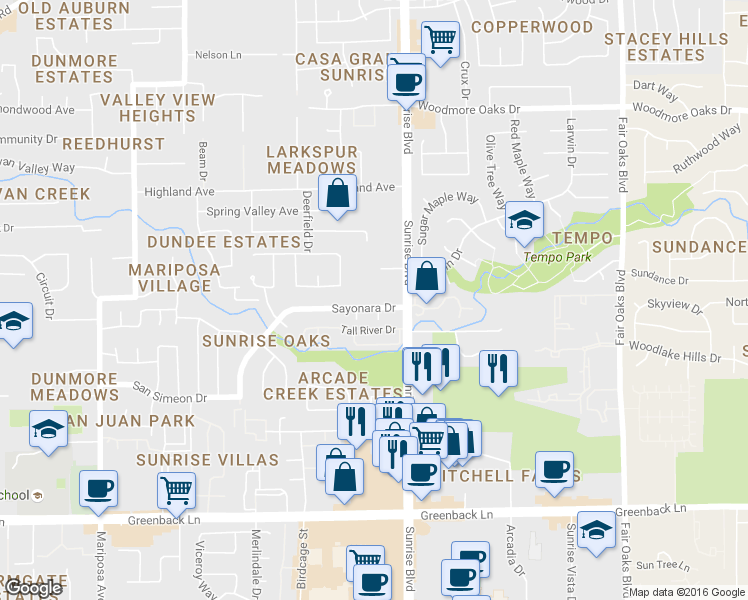map of restaurants, bars, coffee shops, grocery stores, and more near 6548 Ming Way in Citrus Heights