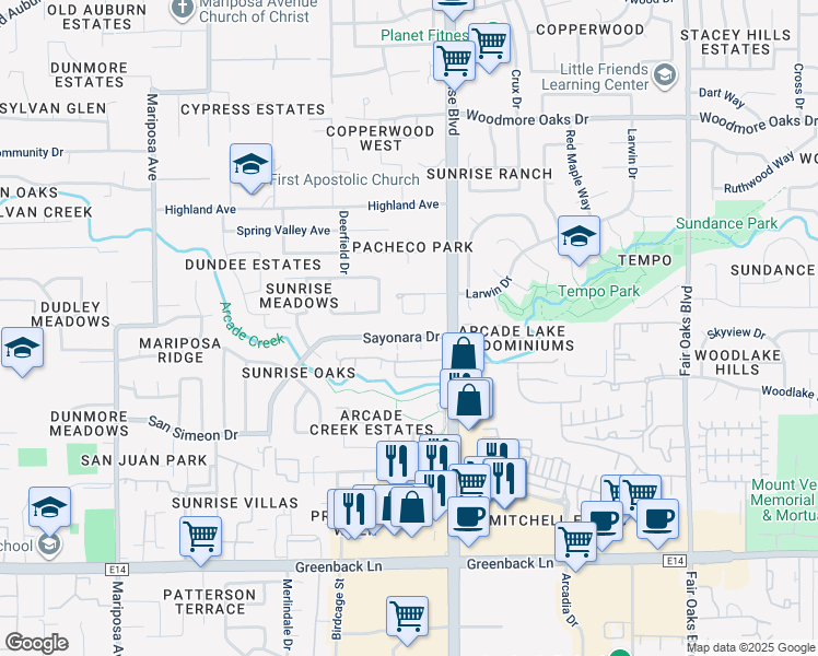 map of restaurants, bars, coffee shops, grocery stores, and more near 6548 Ming Way in Citrus Heights