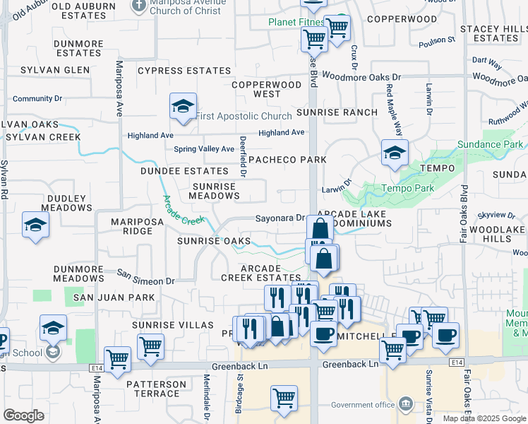 map of restaurants, bars, coffee shops, grocery stores, and more near 7820 Sayonara Drive in Citrus Heights