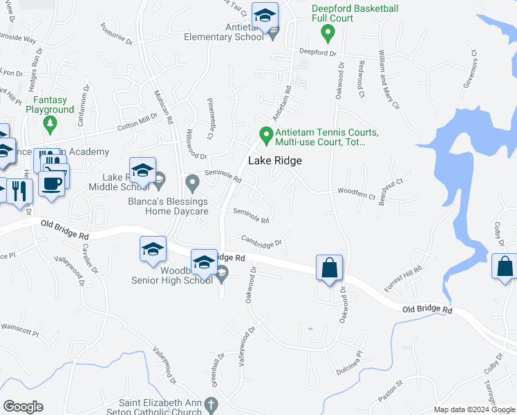 map of restaurants, bars, coffee shops, grocery stores, and more near 12338 Aztec Place in Woodbridge