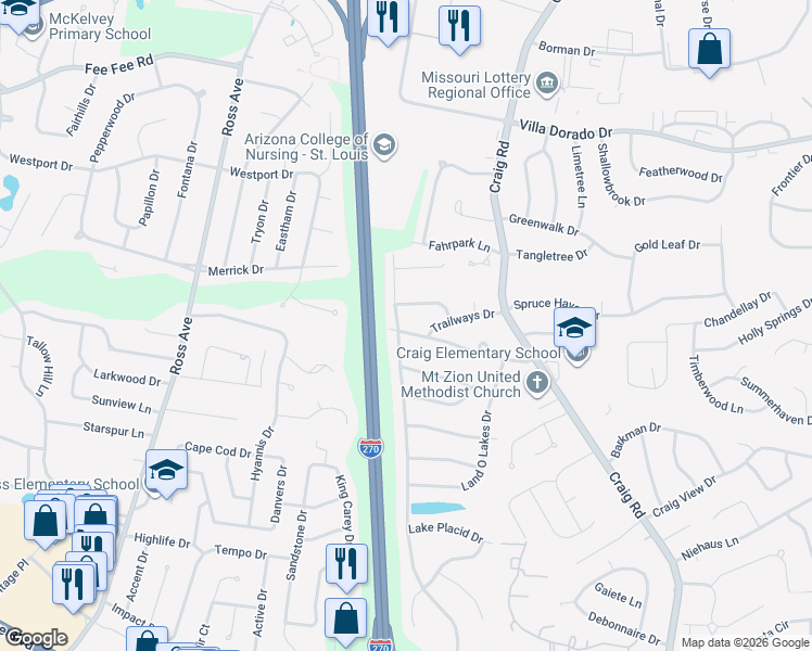 map of restaurants, bars, coffee shops, grocery stores, and more near 12188 Lake Meade Drive in St. Louis