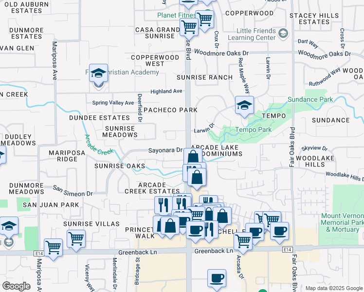 map of restaurants, bars, coffee shops, grocery stores, and more near 7873 Sayonara Drive in Citrus Heights