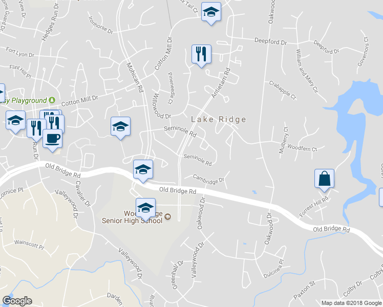 map of restaurants, bars, coffee shops, grocery stores, and more near 2942 Seminole Road in Woodbridge