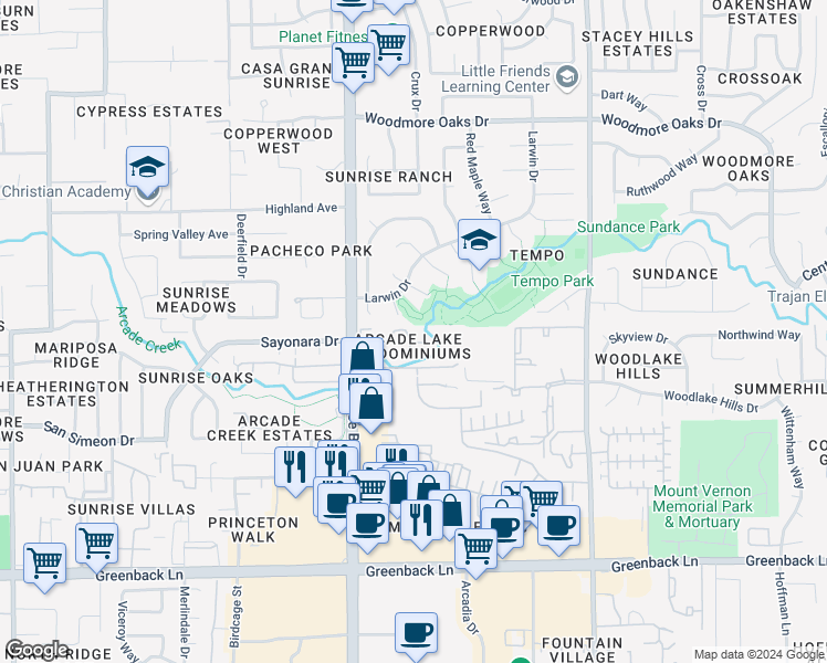 map of restaurants, bars, coffee shops, grocery stores, and more near 7963 Arcade Lake Lane in Citrus Heights