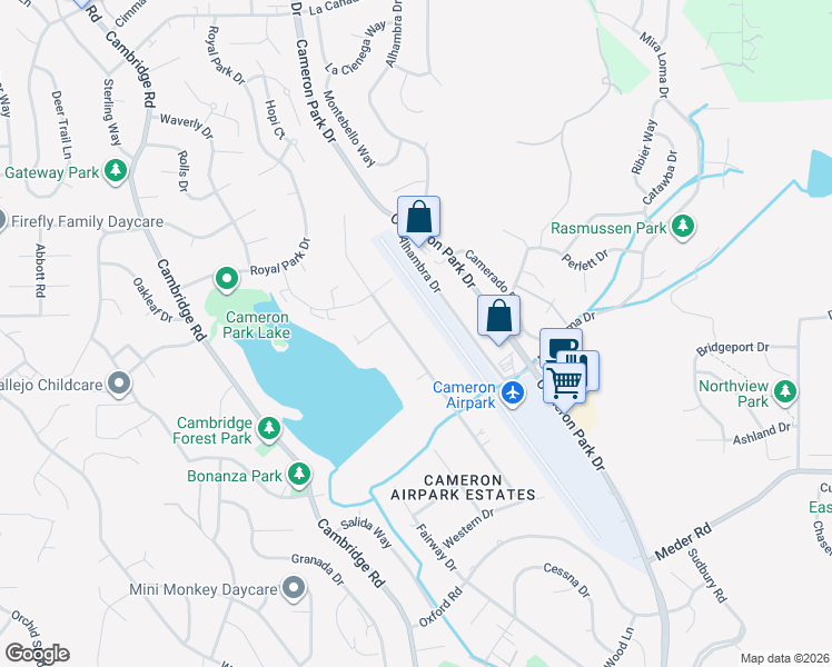 map of restaurants, bars, coffee shops, grocery stores, and more near 3081 Boeing Road in Cameron Park