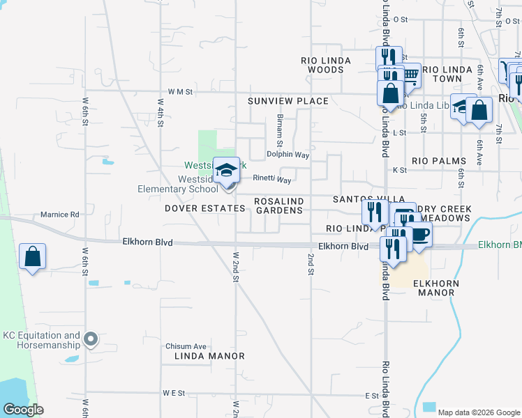 map of restaurants, bars, coffee shops, grocery stores, and more near 6412 Randy Street in Rio Linda