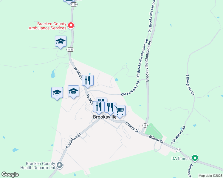 map of restaurants, bars, coffee shops, grocery stores, and more near 239 Kentucky 19 in Brooksville
